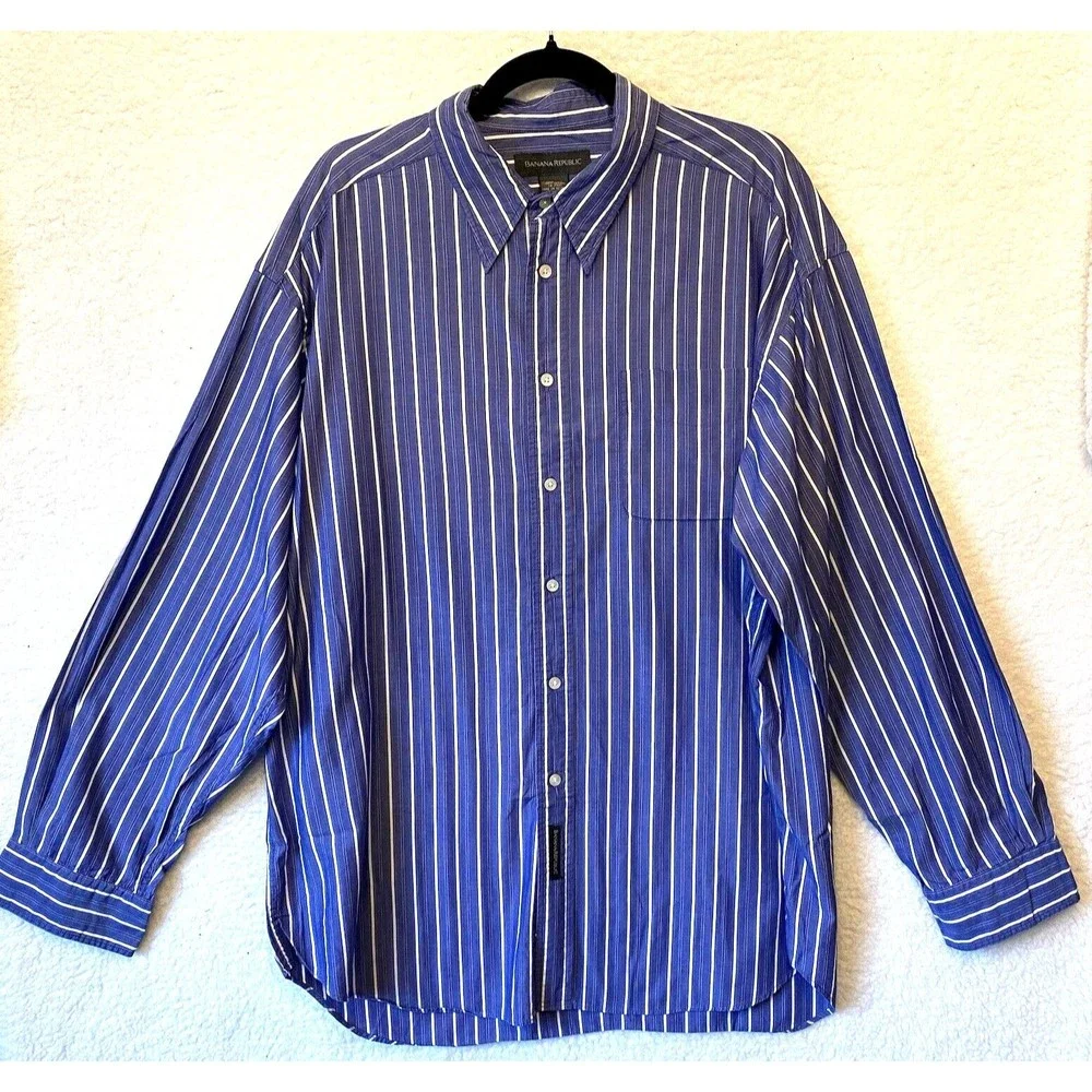 Banana Republic Men's Long Sleeve Dress Shirt Blue White Stripe Size XL